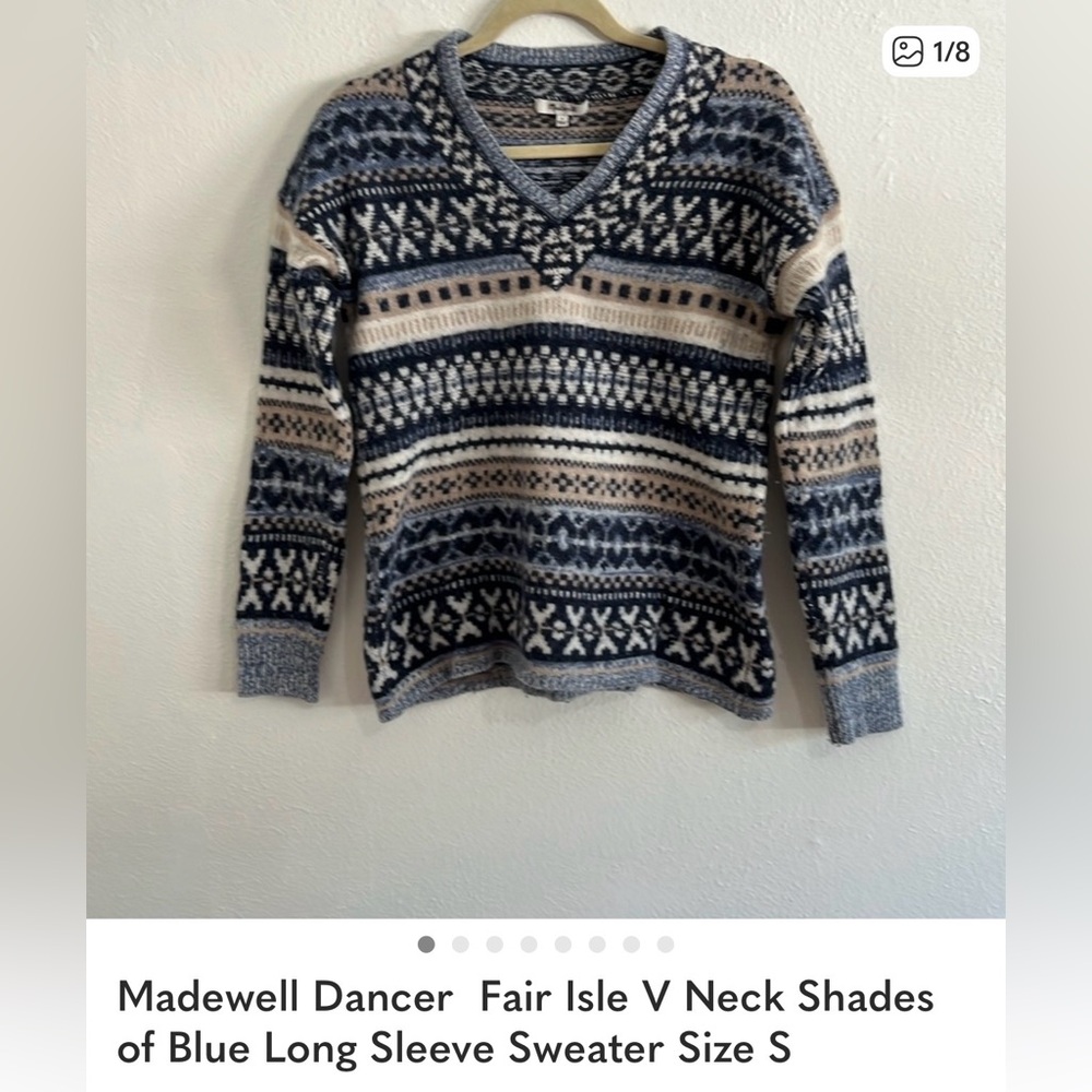Madewell Dancer  Fair Isle V Neck Shades of Blue Long Sleeve Sweater Size S